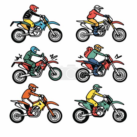 Eight cartoon riders motorcycles, exhibiting various colors styles, rider wears helmet, performs different pose, rides uniquely colored bike. Fun, dynamic illustrations depict motorcycle racing