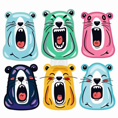Collection cartoon bear faces expressing various emotions. Cute whimsical animal illustrations set childrens media. Colorful artistic designs bear expressions ideal educational content