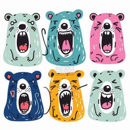 Six colorful cartoon bears exhibiting various emotions gaping mouths displaying teeth energetic fun childrens book illustration. Eclectic vibrant bear faces shades blue, pink, yellow, express loud