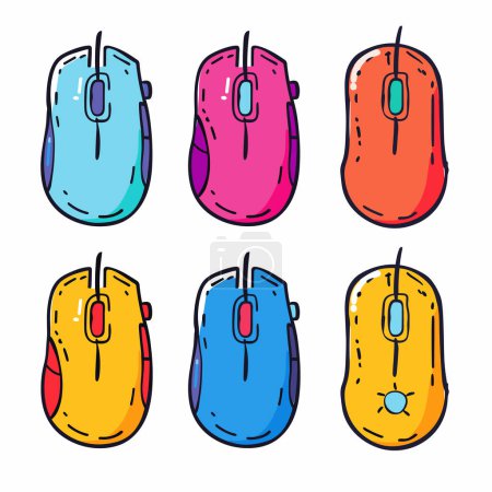 Six colorful computer mice arrayed two rows three, illustrated unique bright color blue, pink, red, yellow, dark blue, orange. Cartoonish style depicting electronic devices used navigating clicking