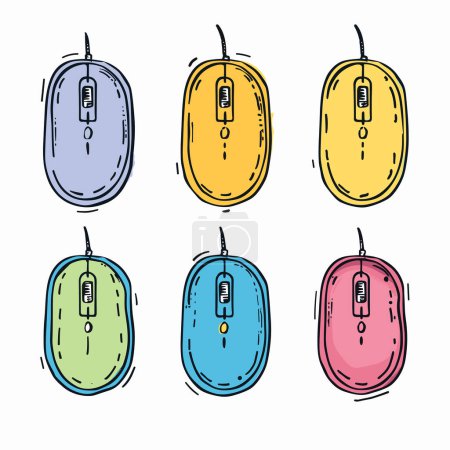 Téléchargez les photos : Six souris d'ordinateur colorées affichaient deux rangées, illustration de style dessinée à la main, la souris a différentes couleurs vives bleu, jaune, vert, rose, croquis suggérant ombre texture. Conception simpliste - en image libre de droit