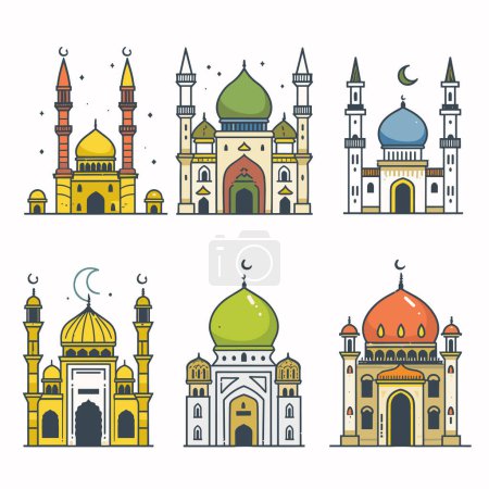 Six colorful mosque illustrations domes, minarets, crescents. Flat vector style mosques, representing Islamic architecture, isolated white background. Different mosque designs featuring traditional