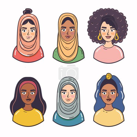Téléchargez les illustrations : Divers portraits de femmes, hijab, cheveux bouclés, diversité ethnique. Six personnages féminins, représentation multiculturelle, différentes teintes de peau de cheveux. Vêtements décontractés, visages souriants, coiffures variées - en licence libre de droit