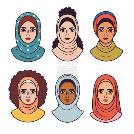 Six visages féminins différents, portant des hijabs foulards, diversité, différentes ethnies illustrées. Portraits de style bande dessinée, représentation des femmes musulmanes, coiffures colorées, yeux expressifs. Culture