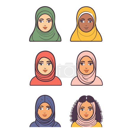 Muslim women wearing colorful hijabs, smiling. Various skin tones, ethnicities represented portrait style illustrations. Friendly diverse representation Islamic female attire, hijab fashion