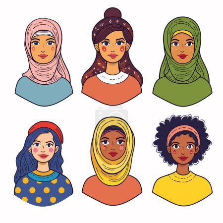 Six diverse women portraits vector, multicultural female faces illustration, ethnic characters. Women headscarves, diverse hairstyles, multicultural representation bright. Female
