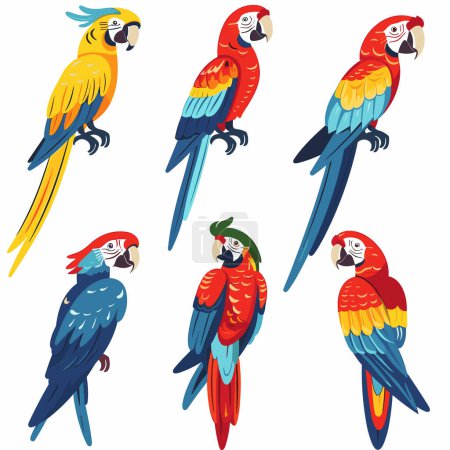 Six colorful parrots depicted, vibrant tropical birds illustration. Diverse positions macaws, wildlife digital art, parrot lover artwork. Bright plumage red, blue, yellow parrots, exotic bird