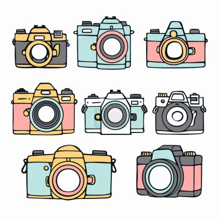 Collection colorful cameras outlined against white background. Retro vintage camera collection artistic illustration. Assorted DSLR cameras graphic design, photography equipment icons