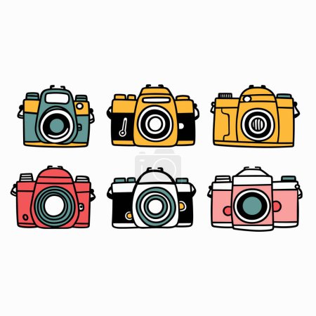 Collection colorful cameras, retro modern design, vector graphic art. Six camera icons illustrated vibrant yellow, red, teal, pink colors. Vintage contemporary photography equipment, digital film