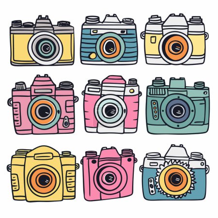 Collection colorful vintage cameras handdrawn illustration. Artistic representation retro photography equipment, multiple camera icons isolated white background. Fun, cartoonish style various
