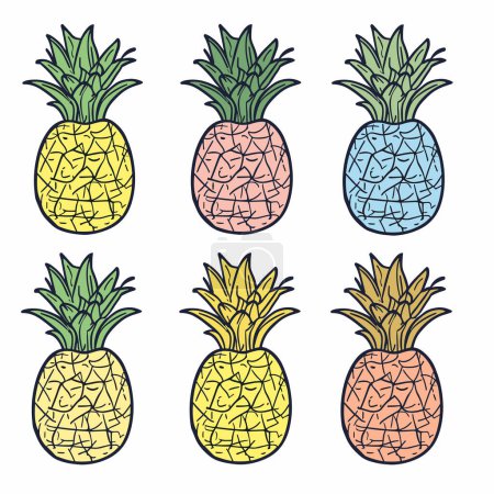 Six colorful pineapple drawings arranged two rows three columns, pineapple different pastel colors outlined black. Simple illustration style, suitable summer themed design tropical fruit decoration