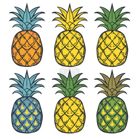 Six colorful cartoon pineapples arranged rows, tropical fruit concept, pineapple has unique color combination, fruit illustration. Tropical pineapples, handdrawn style, bright colors, food theme