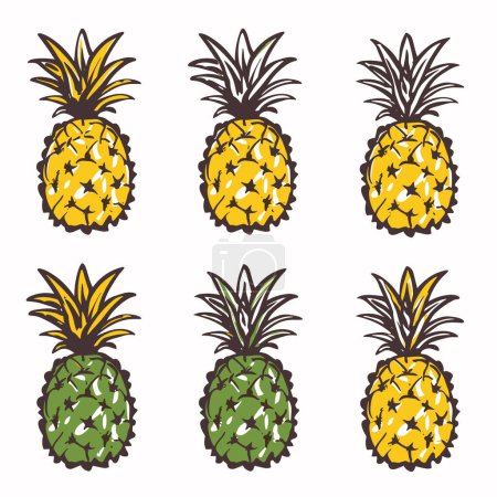 Set six ananas dessinés à la main, couleurs alternées, design de fruits tropicaux. Ananas jaunes mûrs de la rangée supérieure, ananas verts non mûrs de la rangée inférieure. Ananas illustrés stylisés appropriés