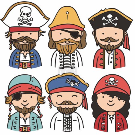 Illustration for Set six cartoon pirates representing various pirate attire headgear styles, eye patches beards. Characters smiling, include male female pirates, distinctive costumes accessories. Vector illustration - Royalty Free Image