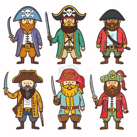 Six cartoon pirates stand proudly, sporting unique hats, beards, colorful pirate attire, armed cutlasses, pirate character displays distinct style, ranging classic blue captain coats vibrant red