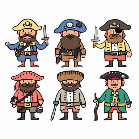Seis piratas de dibujos animados de pie, varios trajes, pelo facial, sombreros piratas, armas. Ilustración colorido scallywags, barbas bucaneros, espadas, pistolas. Diseño infantil diversos piratas