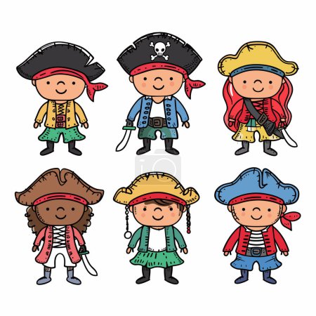 Six pirates de dessin animé mignon personnage diversité ethnicité costume conception. Illustrations diverses de pirates enfantins expressions heureuses, vêtements pirates colorés, poses ludiques. Caricature de groupe