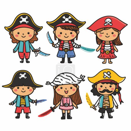 Sechs Cartoon-Kinder kleideten Piraten, die Schwerter schwingen, lächelnd, in bunten Outfits und mit Totenköpfen. Vielfältige Kinderpiraten, verspielte Charaktere, Schatzsucher, niedliche Kostüme, Seeabenteuer