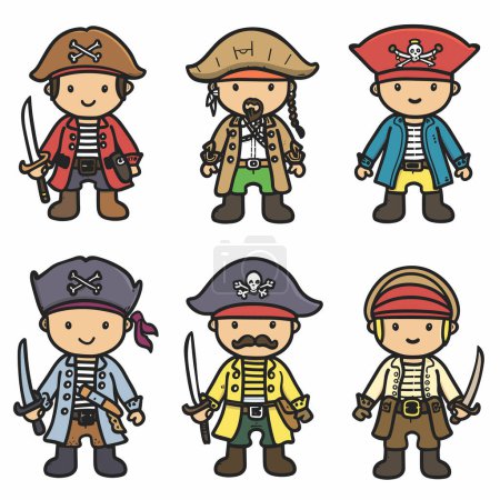 Six cute cartoon pirates holding swords, various outfits hats. Childrens illustration pirate characters, colorful costumes, playful designs. Collection friendly pirate mascots, isolated white