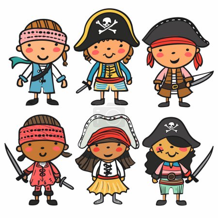 Seis niños piratas de dibujos animados con varios trajes de pirata sosteniendo espadas, buscando juguetón, aventura lista. Niños ilustrados sonriendo, diversas etnias representaban atuendo. Feliz, lindo, joven