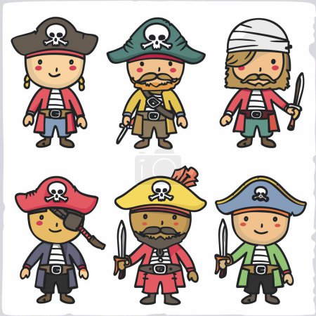 Six cartoon pirates various outfits hats. Cute animated pirate characters armed swords pistols. Colorful cartoon collection pirate illustrations isolated white background