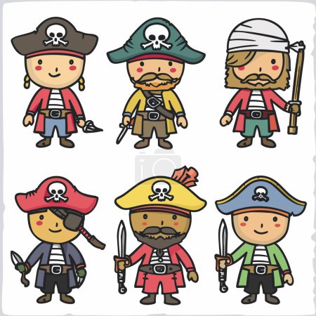 Collection cartoon pirate characters wearing traditional pirate attire, including hats skulls crossbones. Six vector pirates featuring different styles, facial hair, accessories. Cute, childfriendly