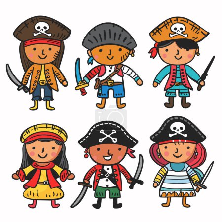 Seis niños piratas animados blandiendo espadas alegremente. Dibujos animados piratas varios trajes incluyen sombreros, bandanas, parches para los ojos. Personajes piratas coloridos, fondo blanco aislado, juguetón, niños
