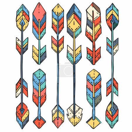 Collection colorful arrows pointing different directions, handdrawn style, isolated white background. Graphic set various directional signs, multicolored, sketchlike appearance. Arrows illustration