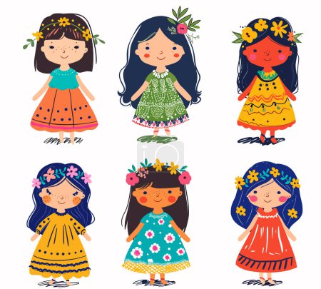 Six filles de poupée de dessin animé diverses portant des robes colorées bandeaux floraux, personnage de fille souriant, exsudant la jeunesse de bonheur, des fleurs ornées. Illustration met en valeur les enfants multiculturels, habillé ludique