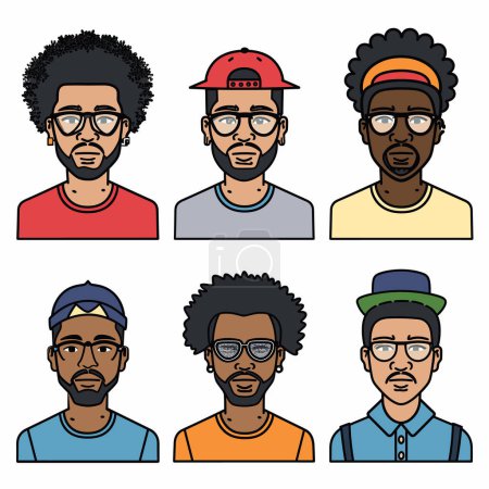 Six African American men portraits, different hairstyles, facial expressions, attire. Men wearing glasses, hats, diversity urban style, colorful apparel, young adults. Cartoon characters
