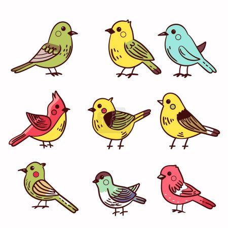 Bunte Cartoon-Vögel illustrierten verschiedene Posen mit fröhlichen Gesichtsausdrücken. Set niedliche vögel kunstwerk, grün gelb blau rot farben, natur wildtiere thema. Handgezeichnete Singvögel-Kollektion, isoliert weiß