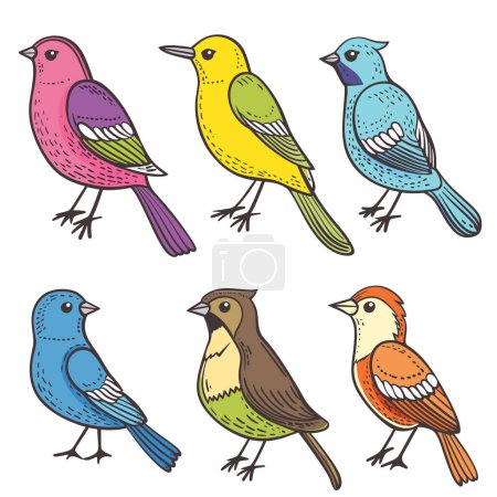 Illustration for Handdrawn colorful birds, six different species, unique patterns feathers. Cartoon style birds, vibrant colors isolated white background, nature theme. Artistic birds illustration, children book - Royalty Free Image