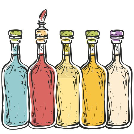 Illustration for Colorful bottles lined up, one open. Handdrawn style bottles, multicolored, corked beverage containers. Sole bottle featuring open spout, ready pour - Royalty Free Image