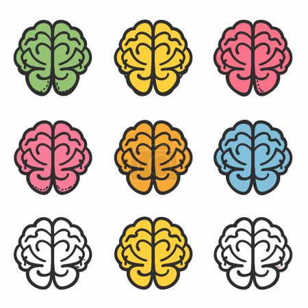 Establezca iconos coloridos del cerebro que representan diferentes procesos creativos cognitivos. Nueve diferentes ilustraciones del cerebro que simbolizan varias funciones mentales. Diseño gráfico contenido educativo humano