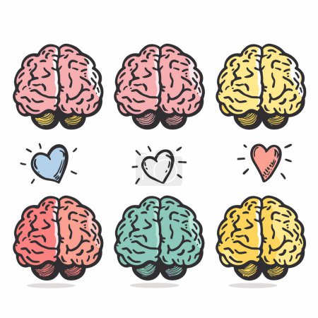 Six cartoon brains various colors, lightbulb base, creative concept, emotions expressed through heart symbols. Brain illustrations diverge color, metaphor diverse thinking, innovation, emotion
