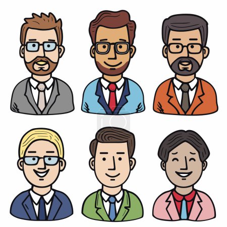 Seis personajes masculinos, atuendo profesional, diversos peinados vello facial. Hombres de dibujos animados sonriendo, diferentes tonos de piel, casual de negocios, gafas. Ilustración vector colorido, avatares hombres profesionales