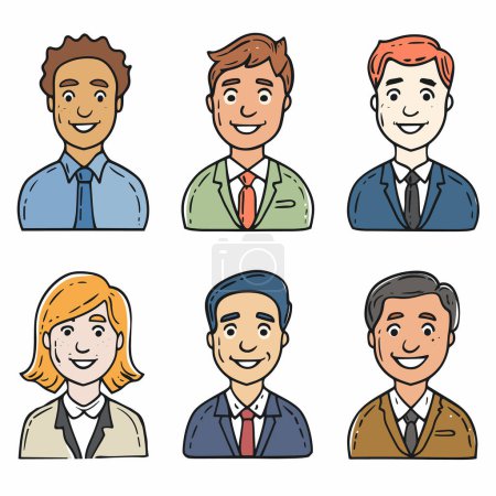 Illustration for Six diverse cartoon characters smiling, professional attire. Three men, three women, business, casual, diverse ethnicities. Cheerful businesspeople, friendly, isolated white background - Royalty Free Image