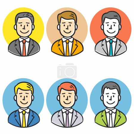Téléchargez les illustrations : Les hommes d'affaires de bande dessinée avatars cercles colorés souriant. Personnages masculins professionnels vêtements d'affaires icônes. Hommes dessinés à la main costume cravate images de profil d'entreprise - en licence libre de droit