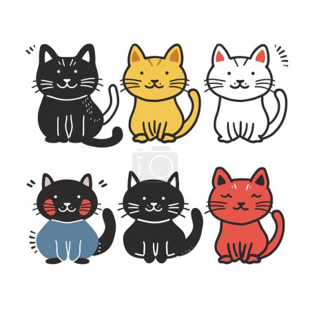 Collection six cute cartoon cats smiling, various colors patterns. Different cat characters sitting, colors black, yellow, white, red, wearing blue shirt, striped tail. Simple feline doodle, playful