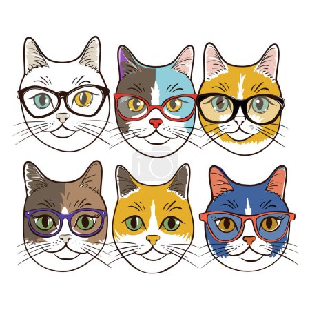 Six cartoon cats wearing colorful glasses, cat has different fur patterns glasses frames. Illustrated feline faces arranged two rows