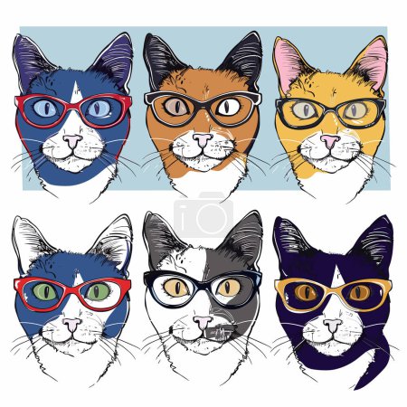 Sechs Hipster-Katzen mit stylischer Brille, bunten Katzengesichtern. Hüfte, trendige Katzenporträts, Brillenmode, lustige Cartoon-Animal-Art. Kreative Haustiergrafik, verschiedene Katzenrassen cool