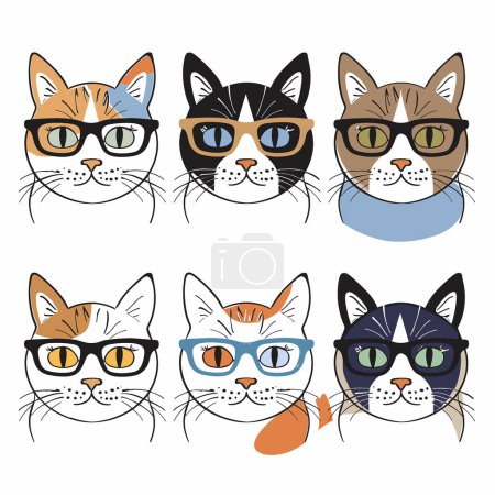 Seis gatos de dibujos animados con gafas elegantes, el gato tiene marcas únicas diferentes gafas de colores. Colección lindo felino caras gafas, bigotes, orejas