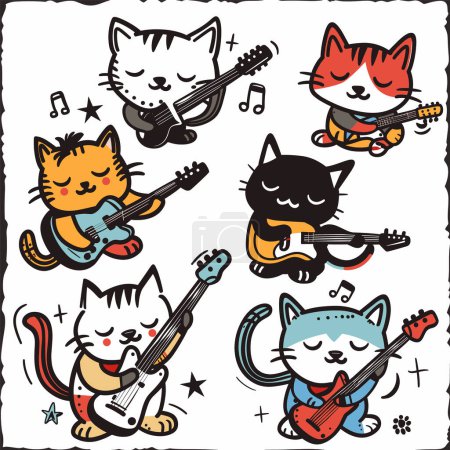 Sechs Cartoon-Katzen, die Gitarren spielen, Noten, die sie umgeben, niedliche Katzenband. Katzen trällern elektrische Akustikgitarren, bunte Instrumente, fröhliche Mienen. Handgezeichneter Stil, bunt