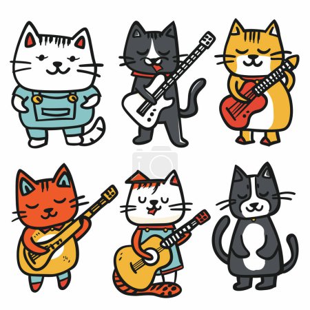Six cartoon cats playing guitars, unique colors expressions. Cats wearing various outfits, overalls, one bowtie, showcasing musical talent. Cute feline musicians instruments, vibrant color scheme