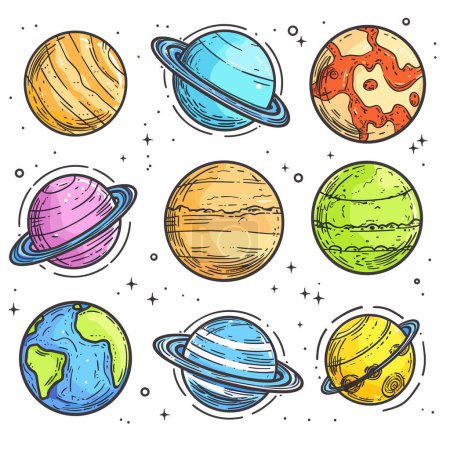 Planetas coloridos dibujados a mano estrellas espacio cuerpos celestes. Las ilustraciones de planetas de dibujos animados establecen el tema de la astronomía cósmica. Material educativo de exploración espacial estilo Doodle