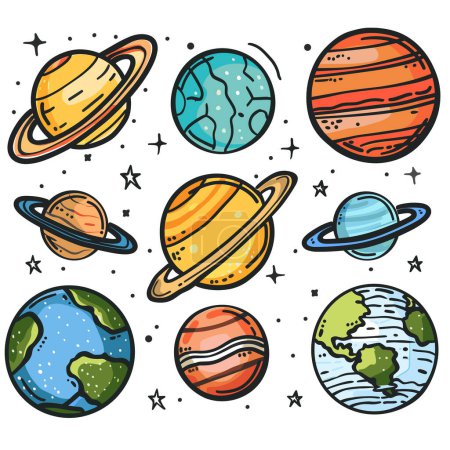 Colorful planets stars space cartoon illustration isolated white background. Handdrawn style planets space theme doodle art. Educational childrens book illustrations