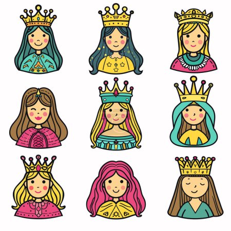 Illustration for Nine cartoon queens diverse hair colors, styles, facial expressions, crowns, dresses. Young princess characters smile stylized royal attire, varied jeweled tiaras. Childlike nobility drawings - Royalty Free Image
