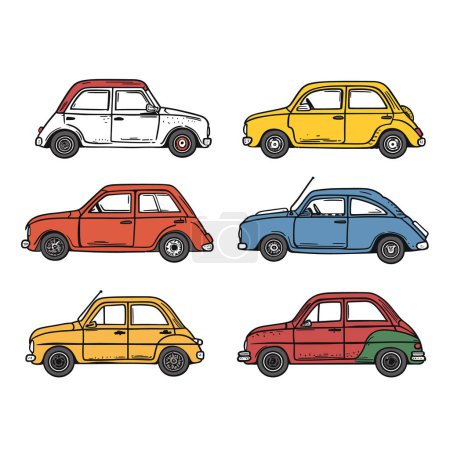 Kollektion bunte Oldtimer veranschaulichten verschiedene Schattierungen. Retro-Fahrzeuge gezeichnet Cartoon-Stil, die Array Automobilfarben. Oldtimer-Sammlung, perfekte Oldtimer-Enthusiasten