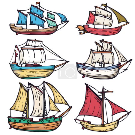 Collection colorful handdrawn sailing ships various sails. Nautical marine vessels sketch maritime theme designs. Sailing boats cartoon style, different flags, isolated white background