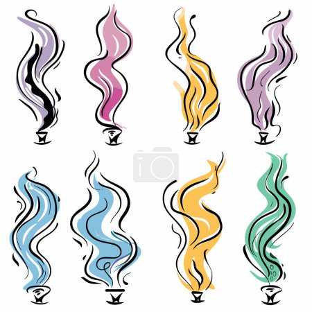 Conjunto de coloridos remolinos de humo abstractos que emanan quemadores de incienso, ilustraciones de humo gráfico estilizado, colores surtidos. Senderos de representación artística, diseños de incienso, patrones de remolino aislados en blanco